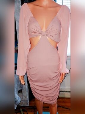 Long-Sleeve Blush Pink Cutout Midi Dress